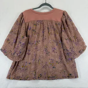 LOGO Lavish by Lori Goldstein Pink Floral Eyelet Elbow‎ Sleeve Top Blouse Large thumbnail 7
