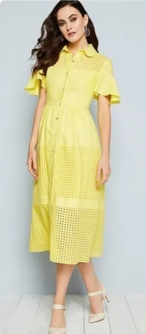 Belle Badgley Mischka Dailey Eyelet Linen Shirt Dress in‎ Yellow Size 0 thumbnail 1