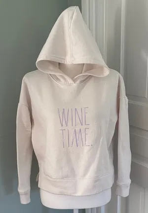Rae Dunn Cream Hoodie Purple Sequins‎ Size XS Wine Time thumbnail 1