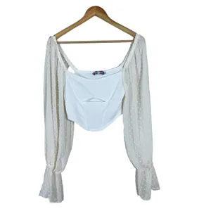 Urban Outfitters Swiss Dot Sleeve Ribbed Cutout Corset Crop Top White Size S thumbnail 2