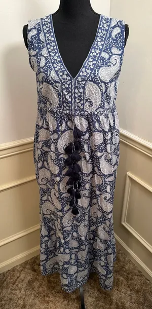 LA PLAGE Emily Cotton Printed Tassel Pocket Maxi Dress Blue White Boho Paisley thumbnail 1