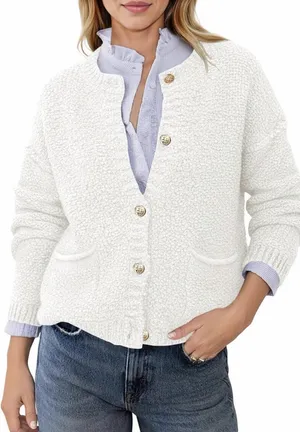 Women's Cozy Knit Cardigan Button Down Crewneck Long Sleeve Sweater White S thumbnail 1