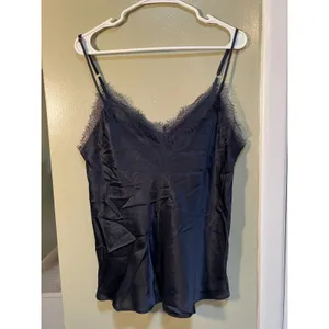 Primark Women's Size 10-12 Camisole Tank Top V-Neck Eyelash Lace Navy Blue Silk thumbnail 2