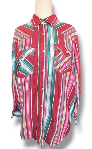 Wrangler Retro Western Pearl Snap Striped Shirt Pink Teal Cotton Small‎ Cowgirl thumbnail 1