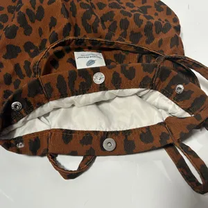 Leopard Print Corduroy Tote‎ Bag Brown Black Animal Pattern Snap Closure Lined thumbnail 5