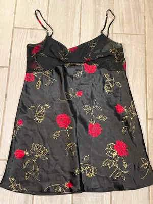 Vintage 1990 Satin Floral Slip Dress Black with Red Roses thumbnail 3