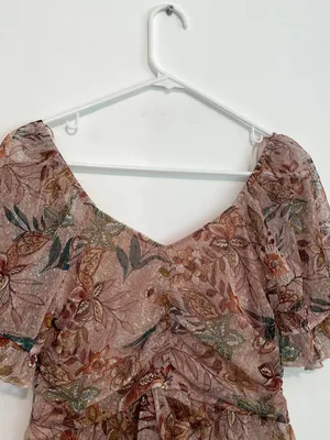 MERAKI Mauve Pink Floral Mesh Ruched Short Sleeve Puff Sleeve Crop Top Blouse L thumbnail 13