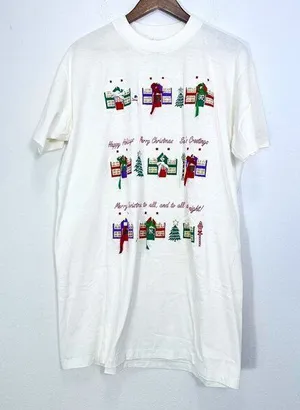 Vintage White Single Stitch Christmas Village Bow Coquette Sleep Shirt‎ One Size thumbnail 1
