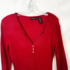 VTG Polo‎ Ralph Lauren Medium Henley Top Red Waffle Knit Thermal Y2K Preppy 1501 thumbnail 3