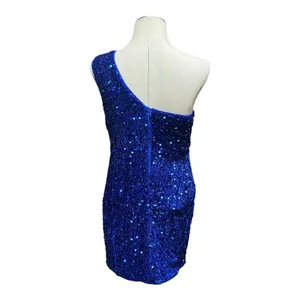 One Shoulder Velvety Sequin Mini Dress Blue Medium thumbnail 5