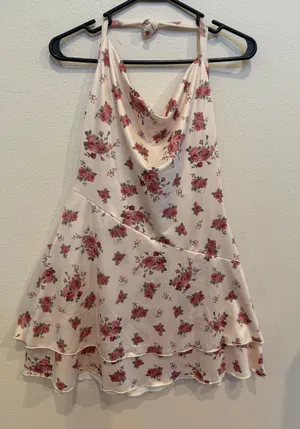 Floral Satin Halter Mini Dress Pink Rose Print Cowl Neck Fit & Flare Cottagecore thumbnail 1
