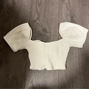 Zara Crop Top Womens Small White Ruched Puff Sleeve V-Neck Cotton Blend Ladies thumbnail 2