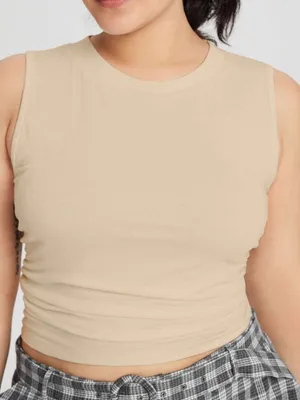 CIDER Beige Sleeveless High Neck Ruched Tank Top thumbnail 6