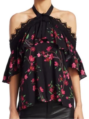 Alice & Olivia Alyssa Sakura Flower Off-the-Shoulder Top Halter Neck Size Large thumbnail 8