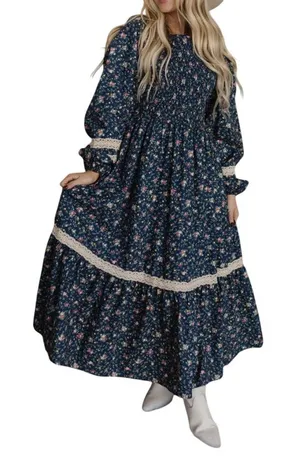 In Bloom Smocked Long Sleeve Maxi Dress in Blue Floral, Size L thumbnail 1