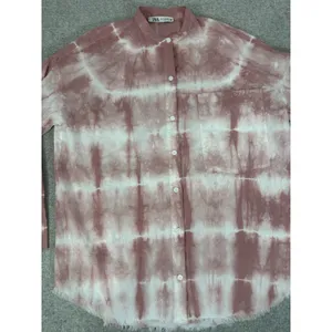 Zara Oversized XS Top Pink‎ White Tie Dye Button Down Long Sleeve Frayed Hem thumbnail 11