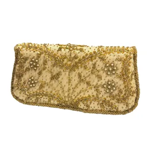 Vintage Gold Beaded Evening Clutch w/ Chain Strap Ivory Satin Floral Embroidery thumbnail 3