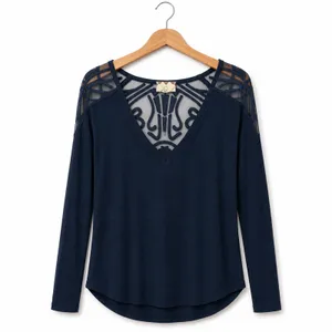 Free People Gatsby Boho Lace Scoop Neck Blue Ribbed Long Sleeve Top M Indie thumbnail 3