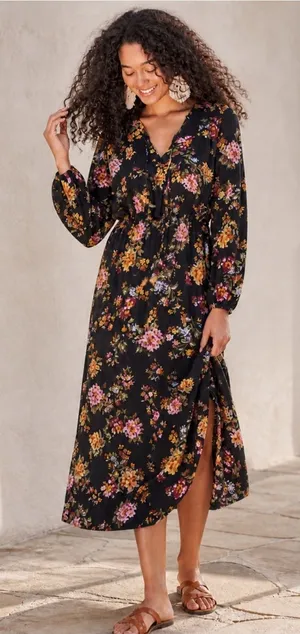NWT Women’s Natural Life Rowan Floral Side Slit Midi Dress Black Size XS thumbnail 1