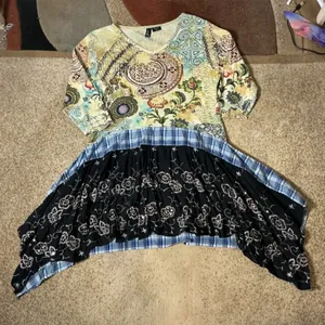 Zashi Womens Lagenlook XL Mixed Media Boho Tunic Top Plaid‎ Floral Handkerchief thumbnail 5