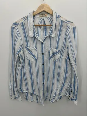 Ruff Hewn Womens Blue White Striped Button Down Shirt Sz XL Cotton‎ Coastal thumbnail 1