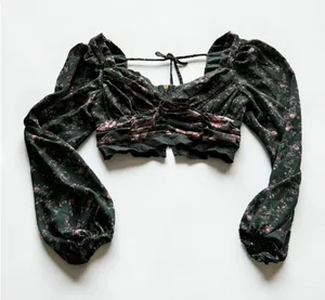Altar'd‎ State Floral Crop Top Green Pink Rose Balloon Sleeve Lace Up Blouse S thumbnail 1