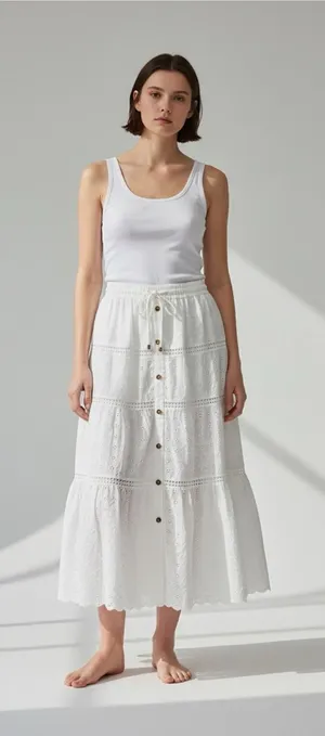 White Eyelet Cotton Maxi Skirt Large Tiered Layered Elastic Pull-On Cottagecore thumbnail 1