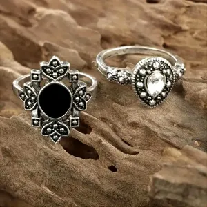 15 pc set Retro Midi Rings Silver and Black thumbnail 3