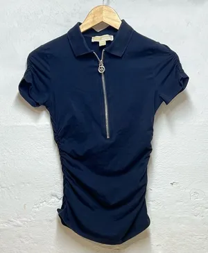 Y2K Michael Michael Kors Navy Blue‎ Ruched Quarter Zip Polo Top XS MK Logo Charm thumbnail 1