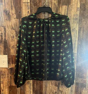 ZARA Olive Green Geometric Print Long Bishop Sleeve Satin Blouse | XL (aa) thumbnail 2