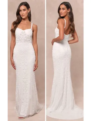 Lulus Momentous Love White Beaded Bustier Mesh Mermaid Maxi Dress Size Medium thumbnail 2