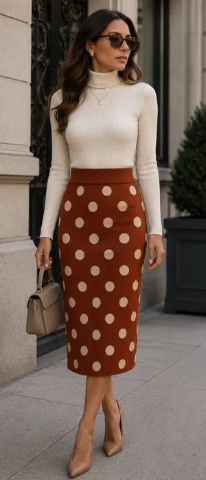 Rust Brown & Cream Polka Dot Knit Midi Skirt thumbnail 1