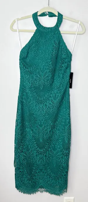 NEW‎ NWT Lulus Halter Neck Backless Bodycon Midi Crochet Lace Dress Size Small thumbnail 1