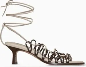 COS Lace Up Strappy Square Toe Sandals Leather Heels Black Cream US 10 EU 41 thumbnail 1
