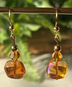 Handmade Amber Glass-like Drop Earrings with Gold Accents thumbnail 1