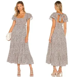 Revolve Majorelle Dress Beige Jade Maxi Cheetah Fit Flare Tiered Smocked Small thumbnail 2