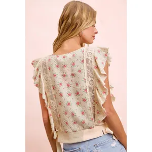 BiBi Flower Printed Ruffle Sleeve Trim Detail Top - Red Flower - Large thumbnail 3