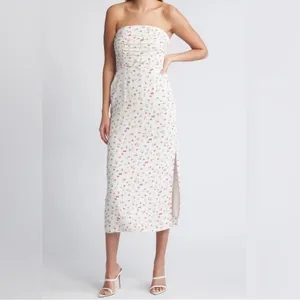 NWT WAYF Birdie Ruched Strapless Midi Dress‎ Ivory Ditsy Sz Small $99 thumbnail 6