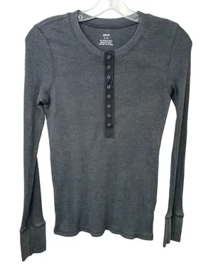 Aerie‎ Small Top Charcoal Gray Ribbed Waffle Knit Henley Long Sleeve Lounge 1469 thumbnail 1