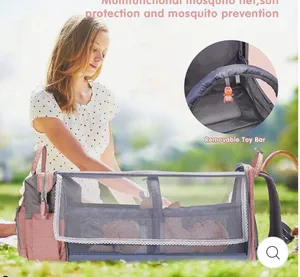 MULTI Compartment diaper bag with changing pad, USB & foldable crib Pink thumbnail 8
