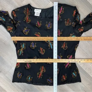Stenay Vintage Sequin‎ Beaded Silk Blouse Black Multi XL thumbnail 12