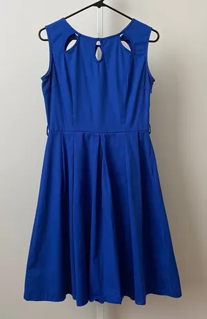 Lindy Bop Cotton Rockabilly Retro Pinup Cutout Pleated Fit Flare Dress S Blue thumbnail 1