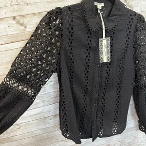 NEW Ultra Pink Womens M Top Black Crochet Button Up Collar Boho 100% Cotton NWT thumbnail 10