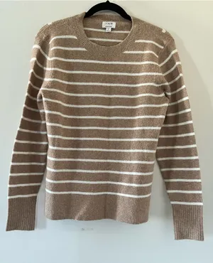 J Crew Wool Blend Striped Sweater Small Tan Cream Preppy Old Money Quiet Luxury thumbnail 1