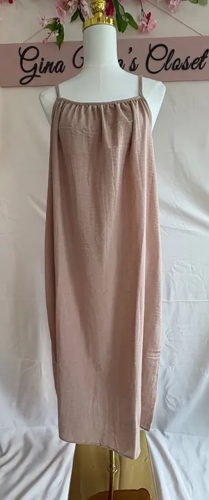 Double Zero Spicy Small Beige Linen Midi Dress with Tie Back thumbnail 1