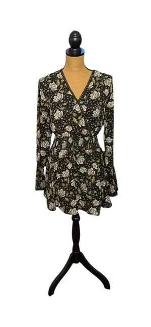 Doe & Rae Floral Mini Dress S Black Whimsigoth Bell Sleeve Smocked Boho thumbnail 1