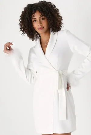 Lulus White Dress Feathered Sleeves thumbnail 1