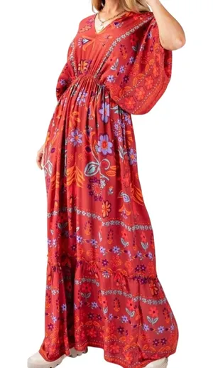 NWT EASEL Women’s Boho Red Multi Floral Maxi Dress thumbnail 1