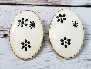 Vintage Clip On Earrings - Large Oval Cream with Black Flowers thumbnail 1