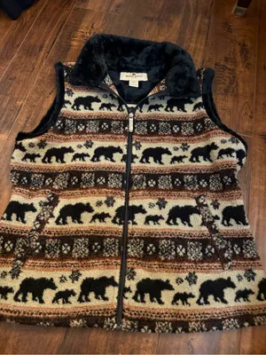 Woolrich Womens Fuzzy Faux Fur Fleece Size Large Zip Up Bears Nordic Geometric thumbnail 1